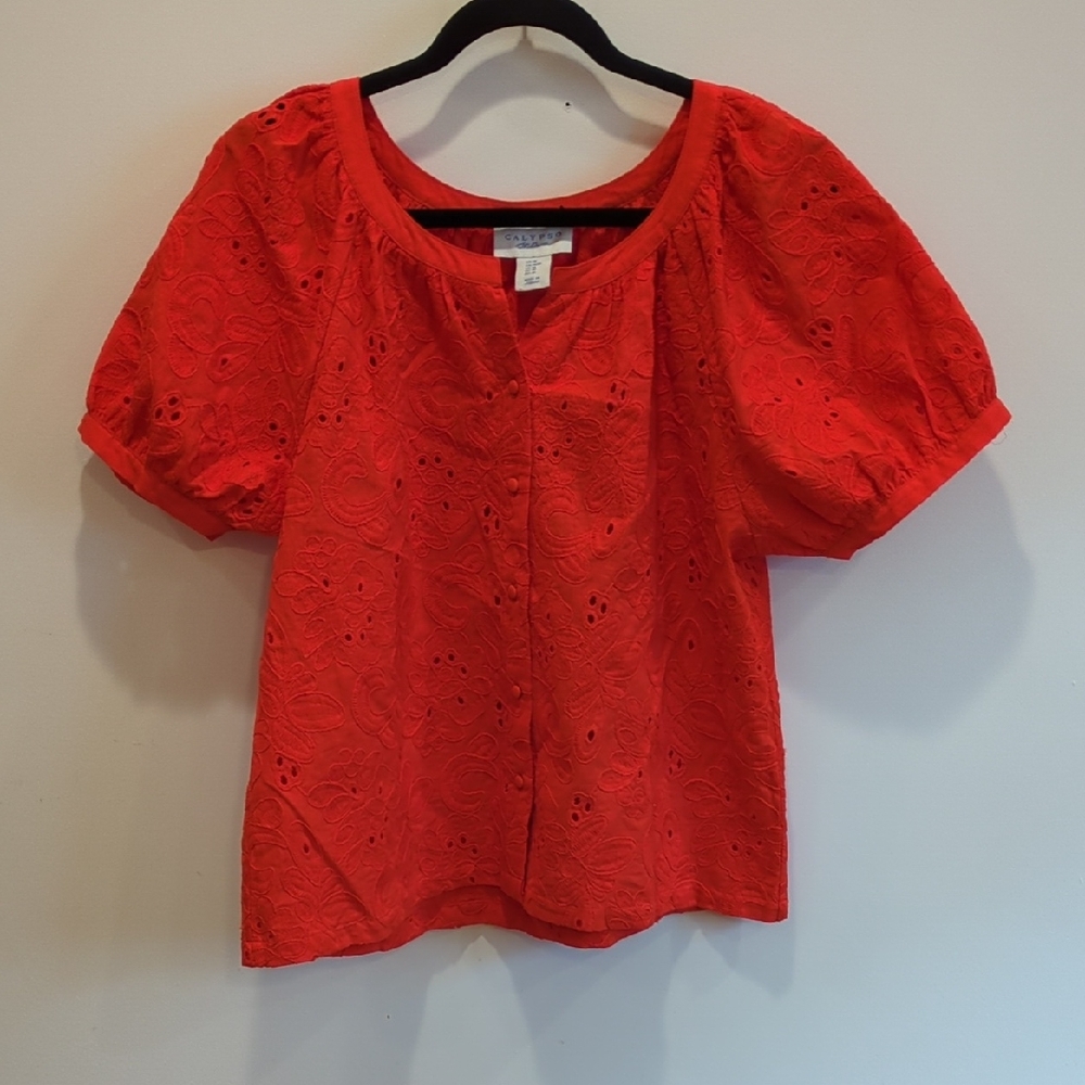 Cottage Prairie Summer Boho Calypso St. Barth Red Lace Eyelet Cotton Top Medium